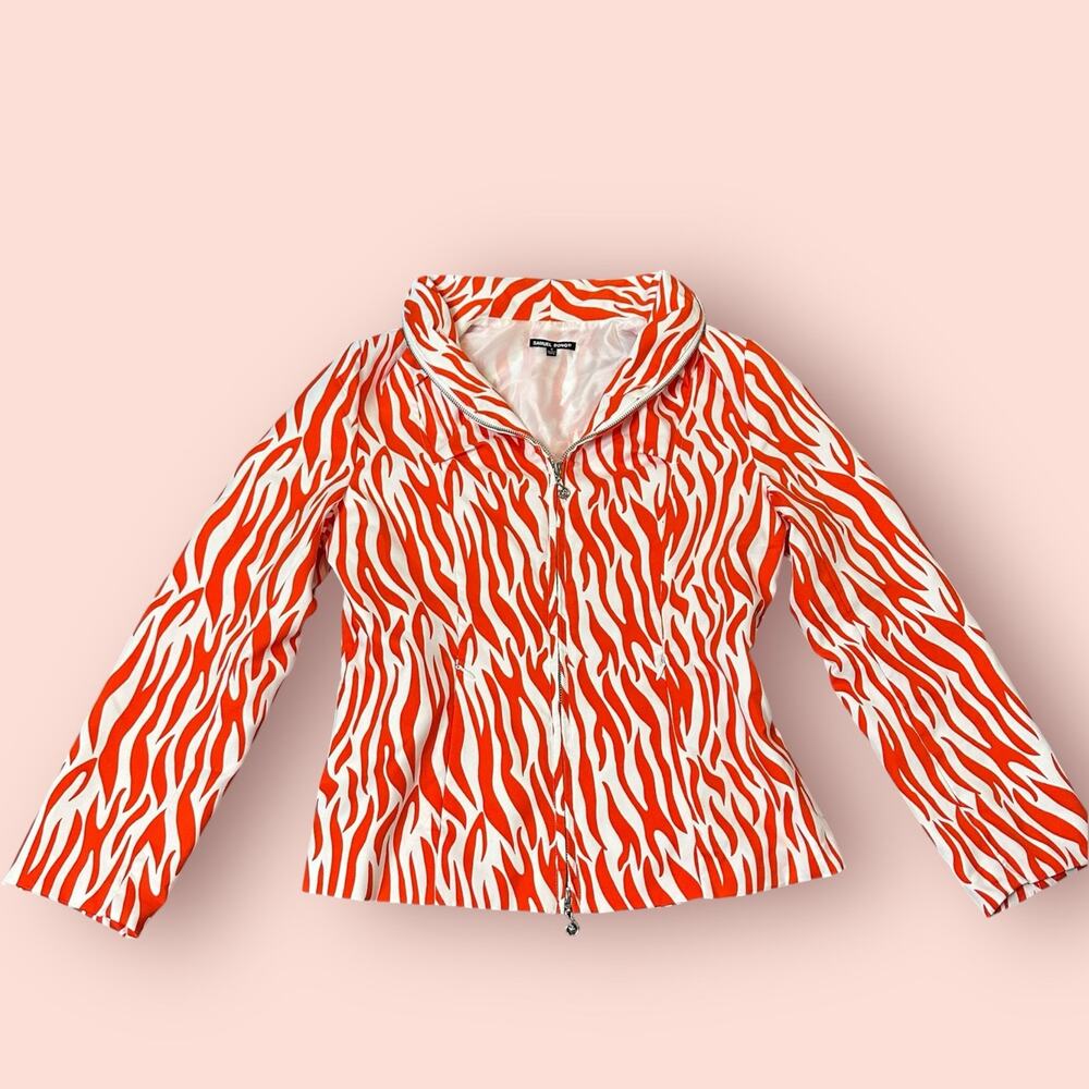 Samuel Dong Women’s Long Sleeve Zebra Pattern Zippered Jacket Small Orange White